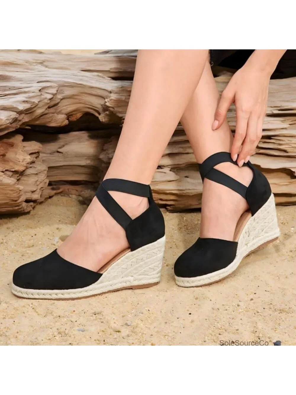 Women Closed Toe Espadrille Wedge Sandals Slip On Elastic Ankle Strap Suede